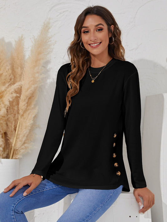 Decorative Button Round Neck Long Sleeve T-Shirt