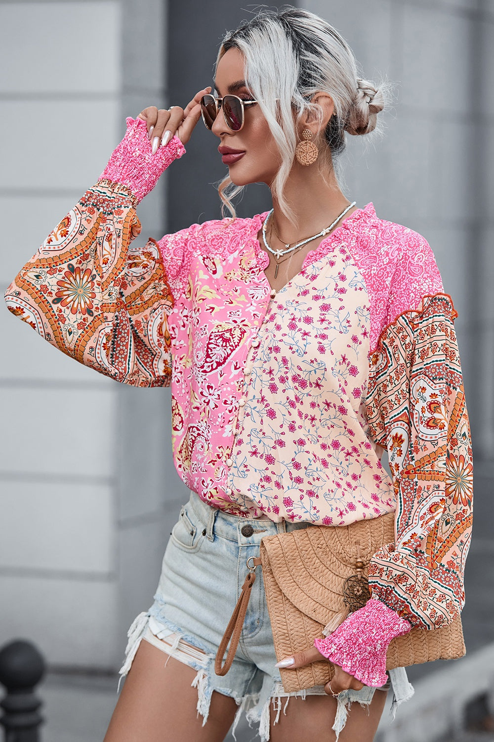 Floral Printed Puff Sleeve V-Neck Shirt