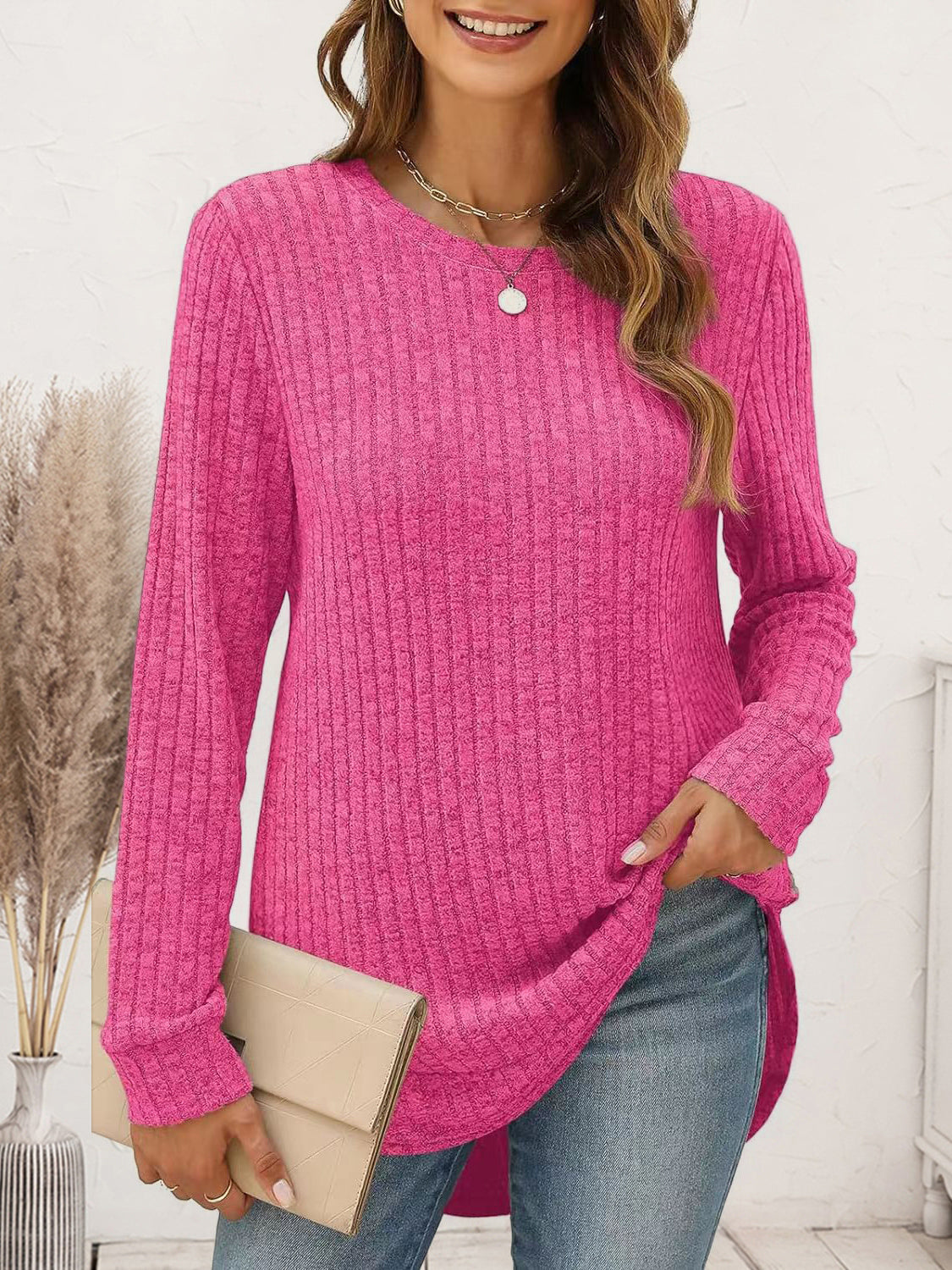 Ribbed Round Neck Long Sleeve T-Shirt