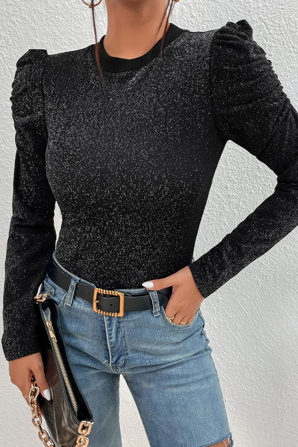 Metallic Round Neck Puff Sleeve Blouse