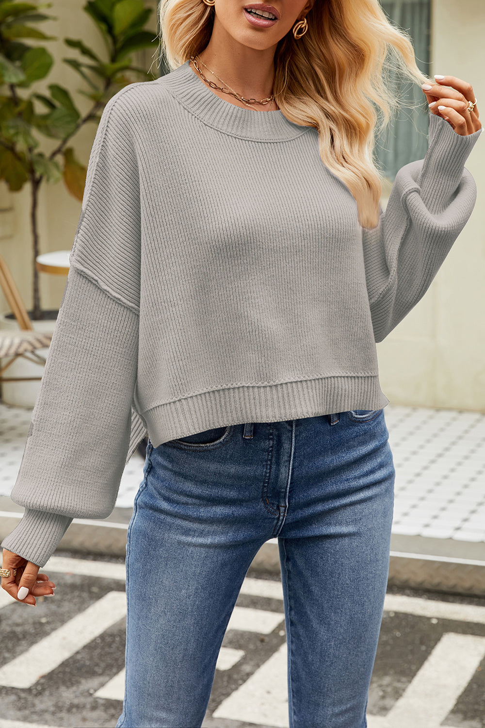 Round Neck Dropped Shoulder Sweater