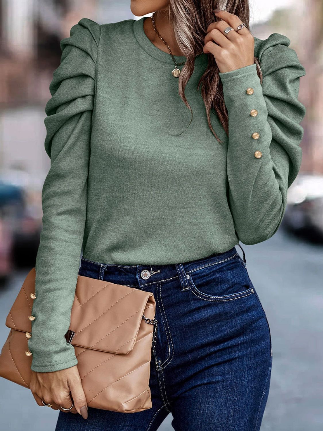 Round Neck Puff Sleeve Sleeve Blouse