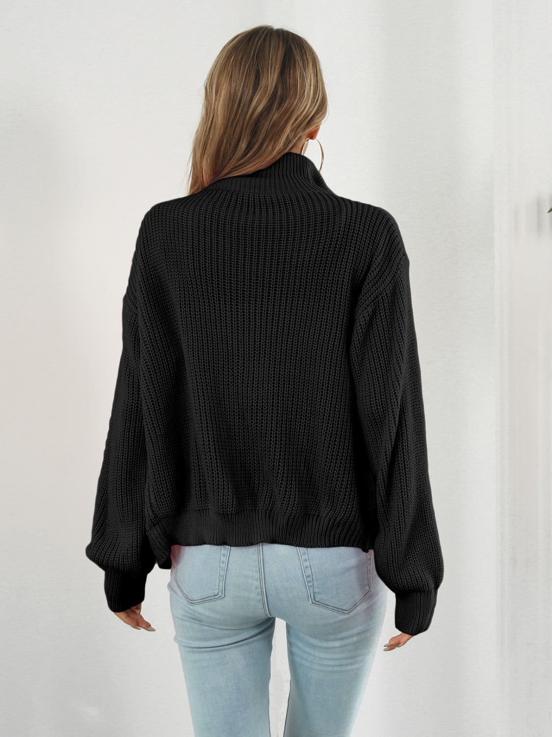 Turtleneck Zip Up Long Sleeve Knit Top