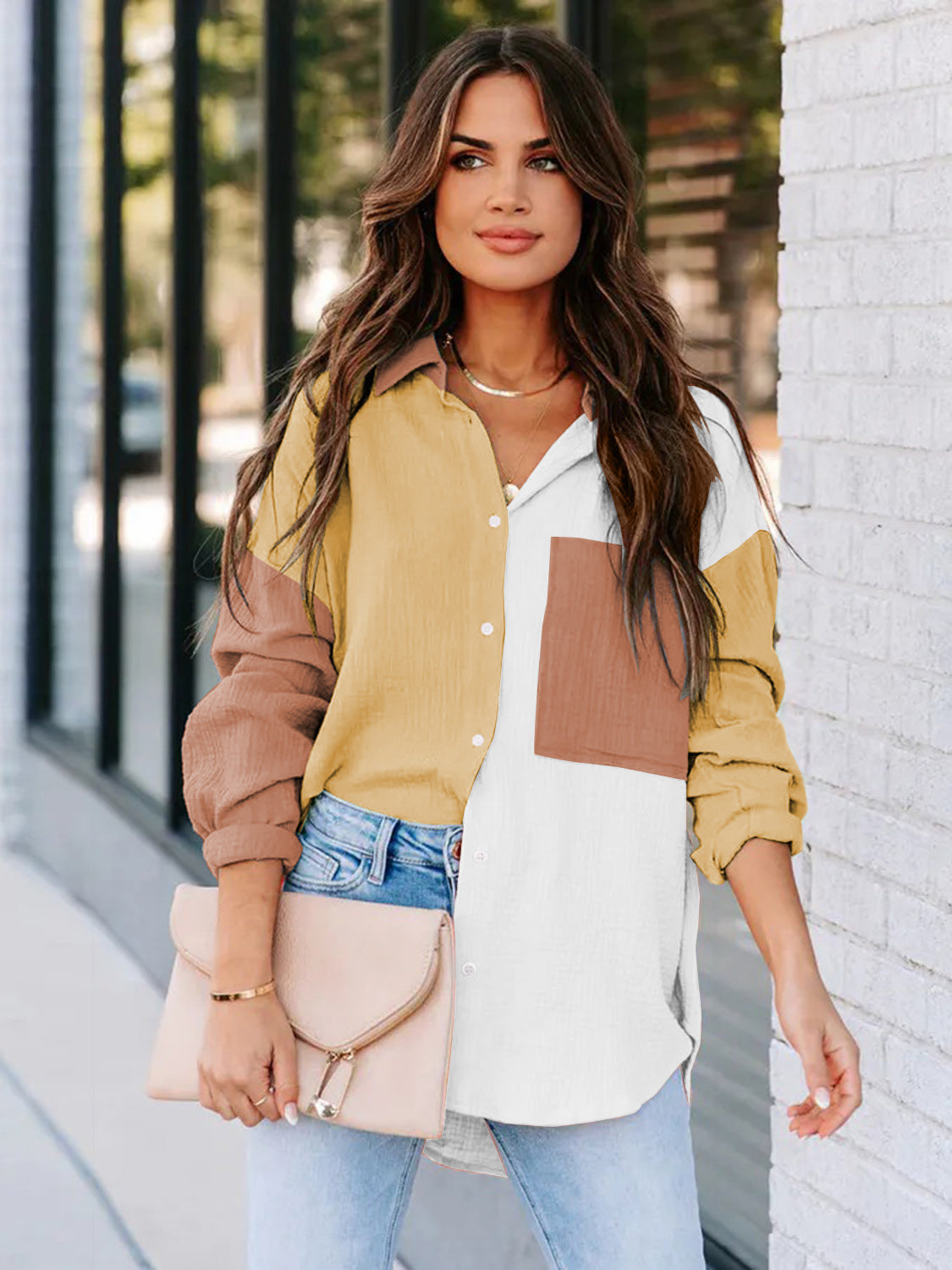 Color Block Button Up Collared Neck Shirt