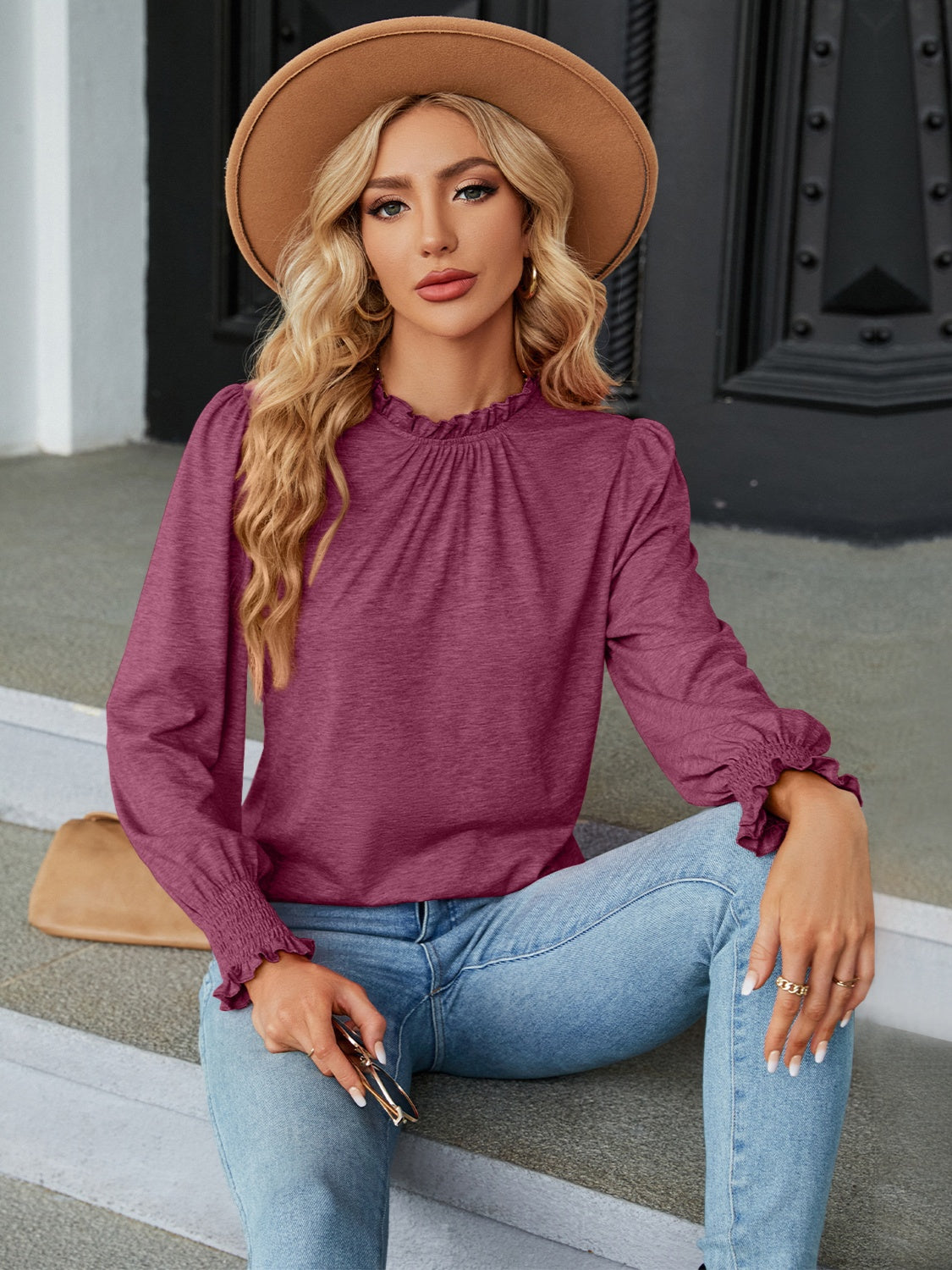 Frill Mock Neck Long Sleeve Blouse