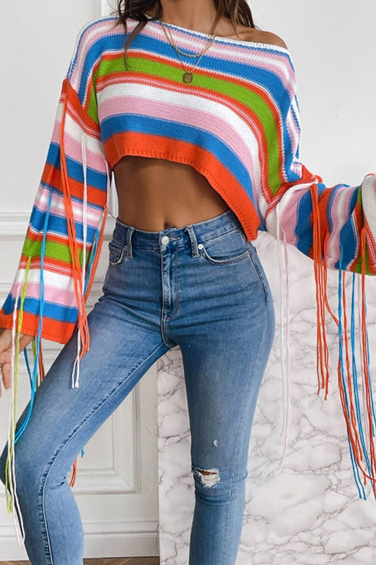 Fringe Striped Round Neck Knit Top