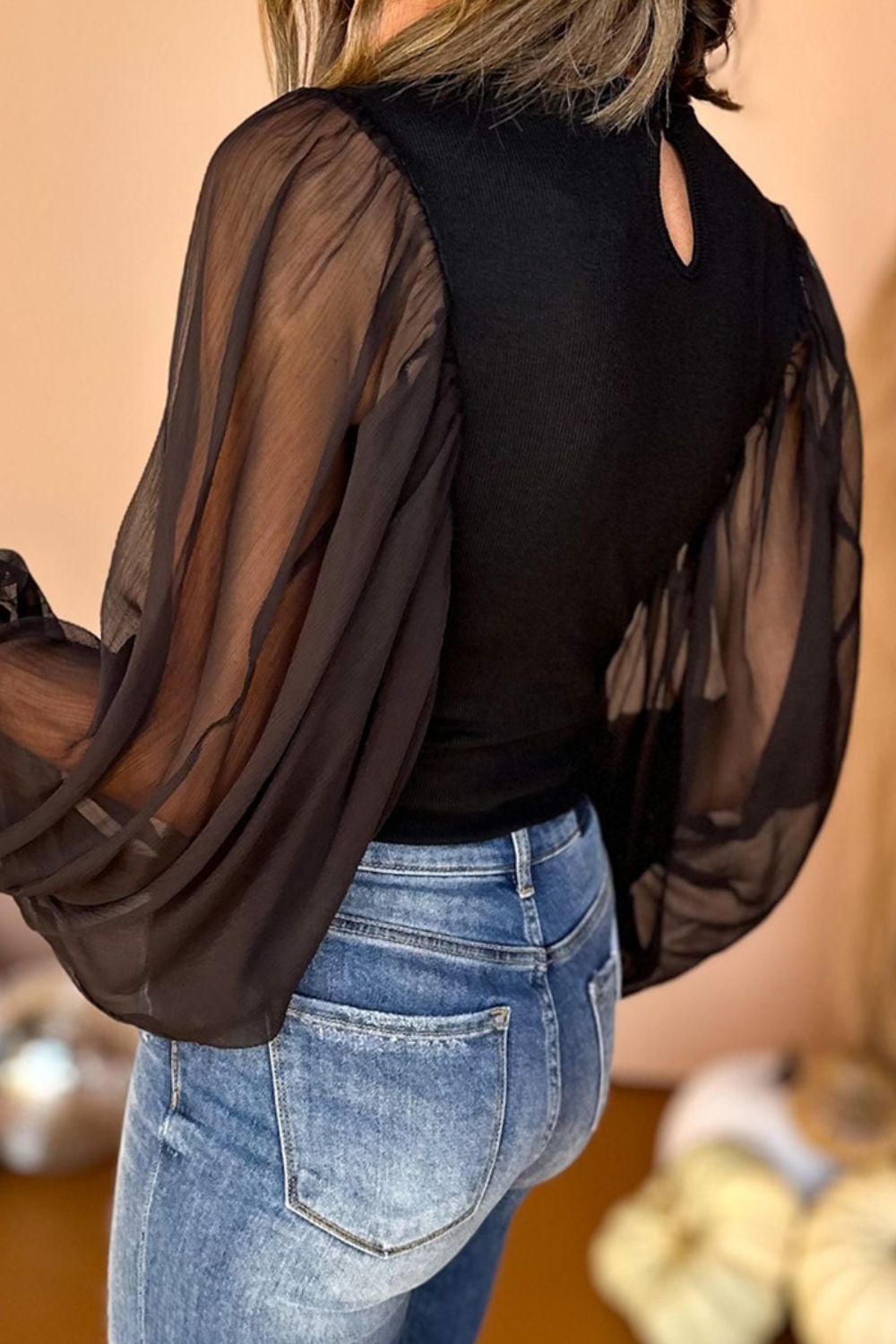 Mock Neck Balloon Sleeve Blouse