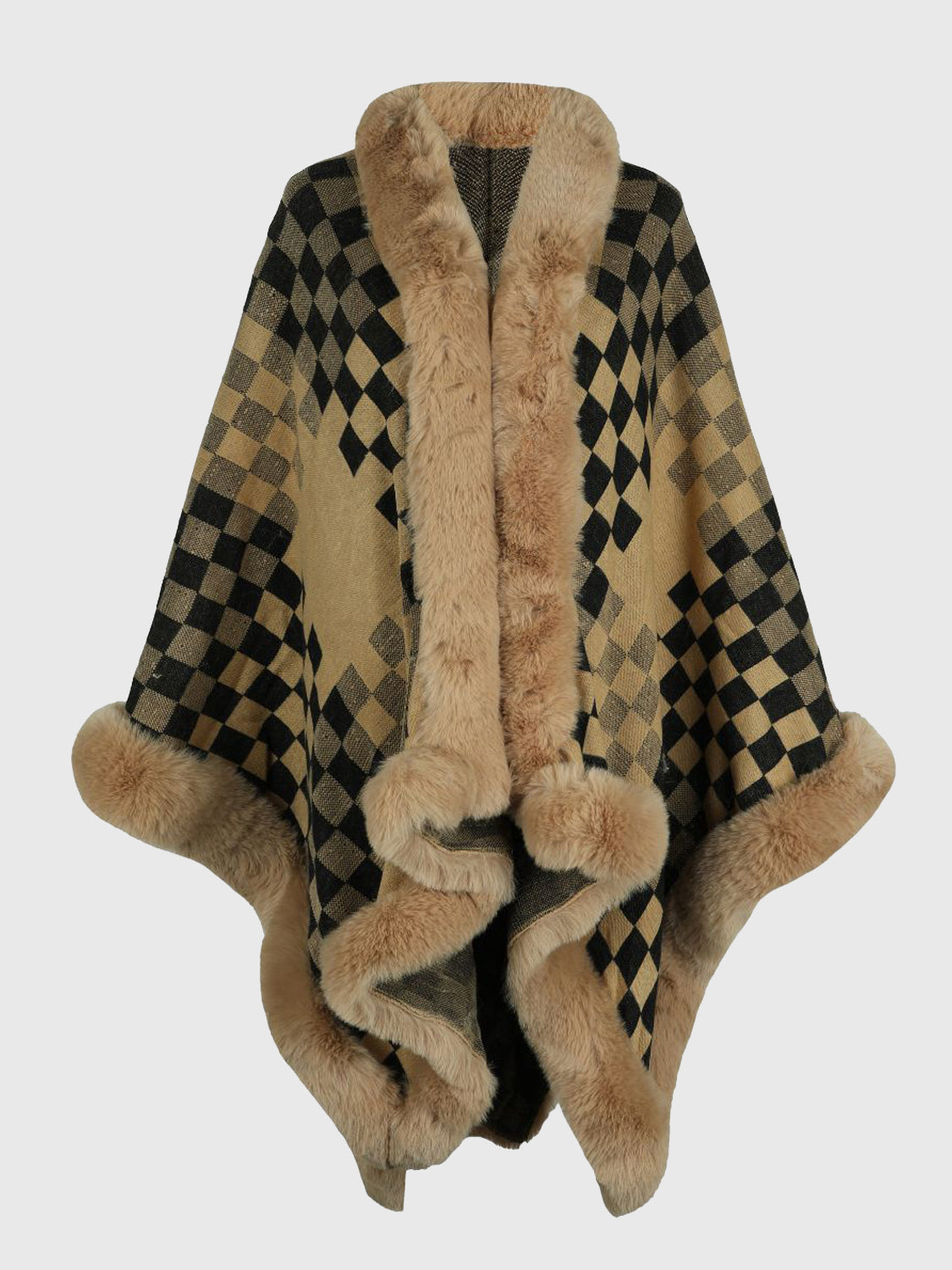 Checkered Faux Fur Trim Poncho