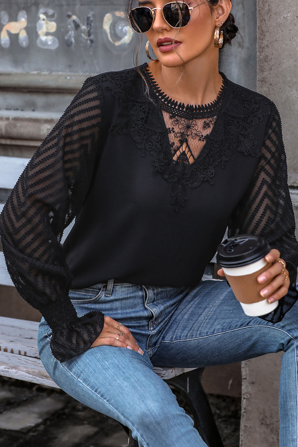 Lace Detail Smocked Flounce Sleeve Blouse